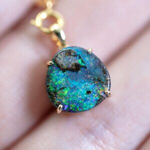 Raw Australian Boulder Opal Pendant Necklace 18K Yellow Gold